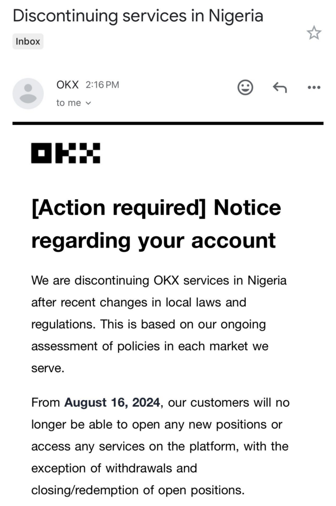 OKX's message to its users via Email 